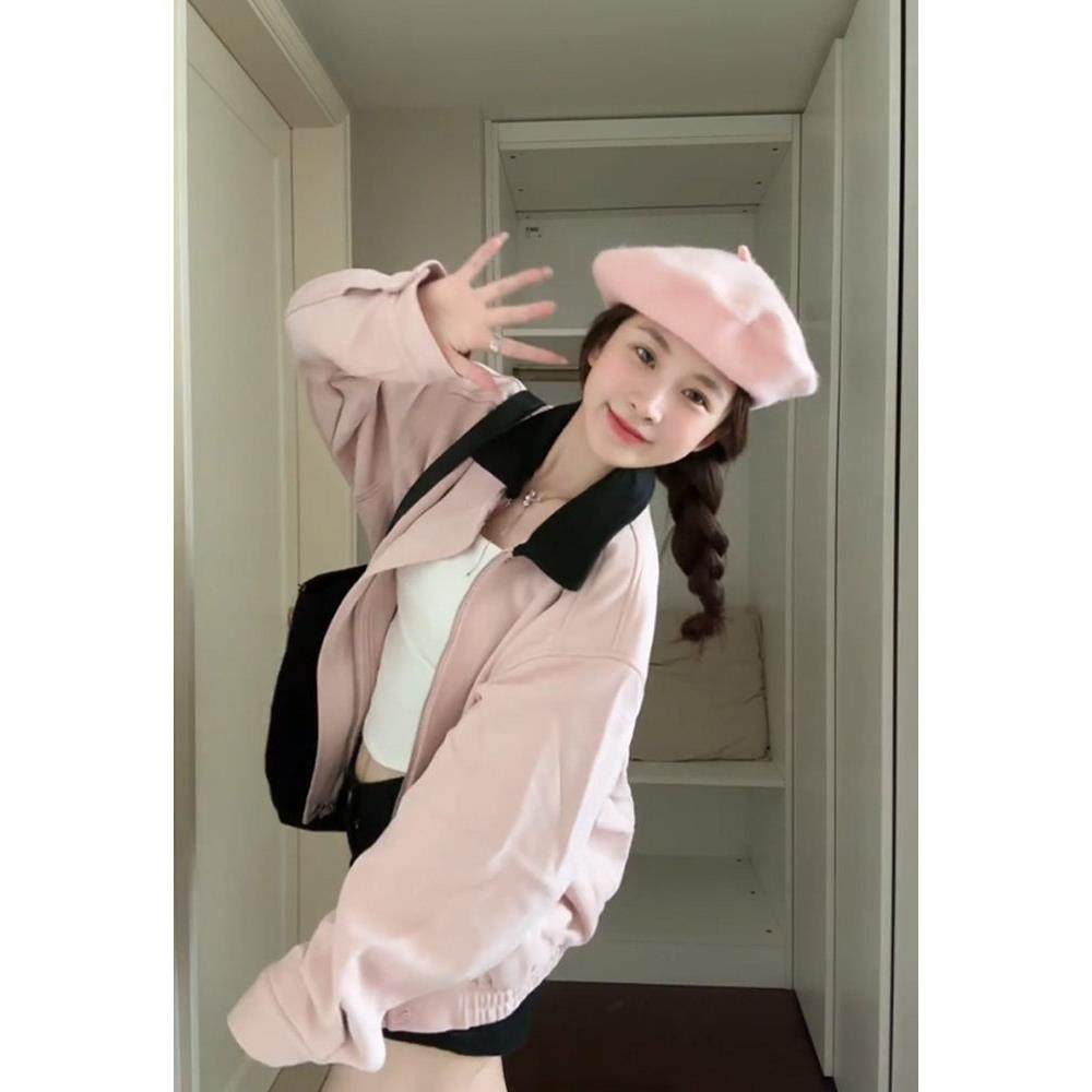 韩系粉色麂CAG套皮5香风外女春小秋202新款美式短款小众夹克翻领,淘宝优惠券,粉丝福利购,淘宝优惠卷