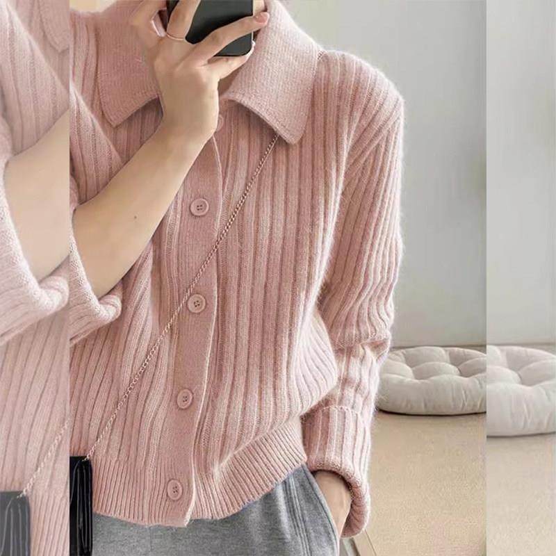 粉色polo毛衣开衫外套女领小个子针秋冬高软级感糯11280宽松翻领,淘宝优惠券,粉丝福利购,淘宝优惠卷