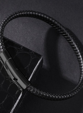 日韩时尚红色编织皮手链个性百搭黑色配饰手环男女本命年礼物刻字