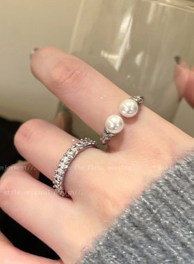 珍珠麻花锆石戒指女潮2024新款轻奢小众食指戒复古V高级感开口指