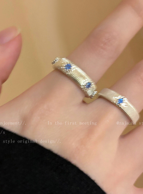 海蓝色十字架拉丝锆石戒指女小众设计F情侣款食指戒轻奢高级感指