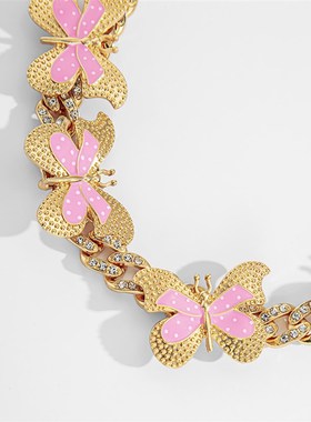 欧美跨境饰品 简约镶钻古巴链条项饰 个性气质画油蝴蝶调节项链女