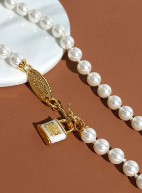 欧美朋克链条款珍珠项链珐琅西太后小锁吊坠女薇薇安锁骨跨境