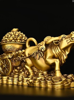 纯铜牛拉聚宝盆摆件金牛送财牛拉车生肖牛客厅Q办公室装饰牛拉元