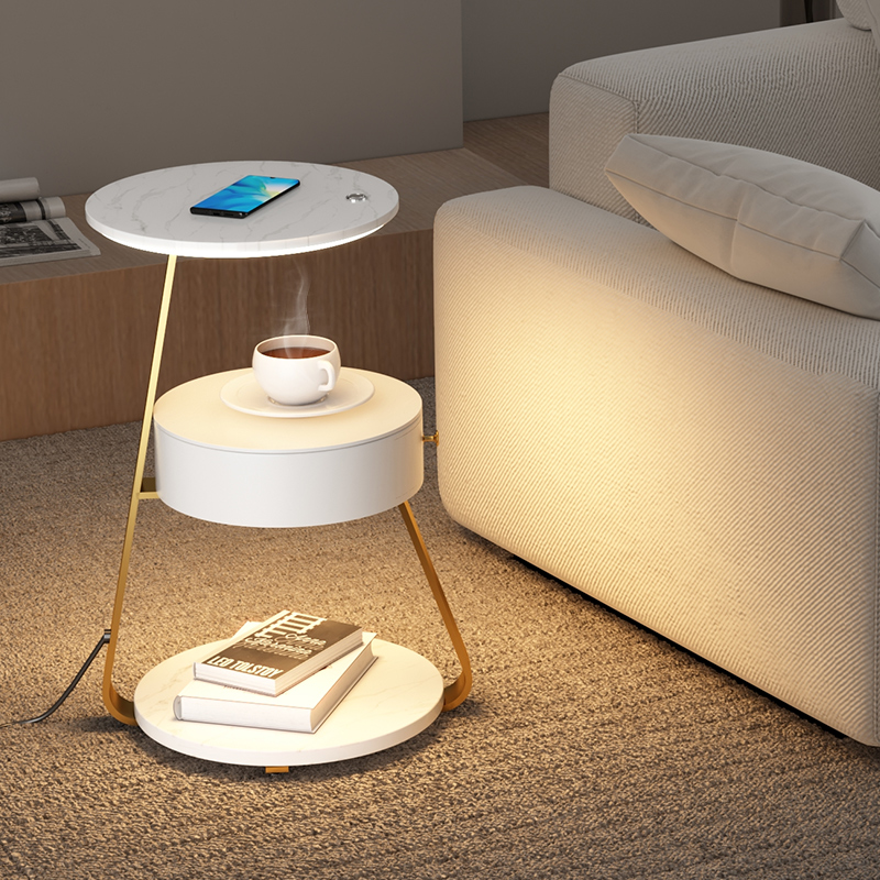 沙发边几角几轻奢简约现代带灯客厅卧室床头侧边柜置物小圆桌茶几 - 图0