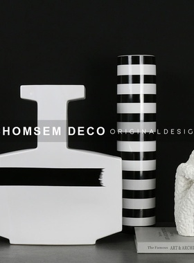 简约现代样板房间条纹p插花瓶花器轻奢软装饰品陶瓷售楼处家居摆