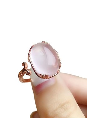 仿天然芙蓉石戒指女戒子招桃花助z镀S925银椭圆冰种粉水晶开口百