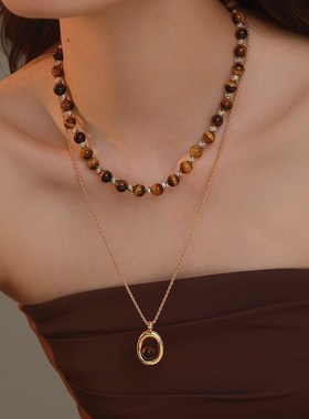 美拉德复古天然虎l眼石隔珠项链女小众气质网红秋冬轻奢颈链