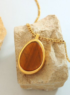 欧美夸张a水滴形大吊坠镶嵌天然虎眼石项链质感赫本风气质首饰