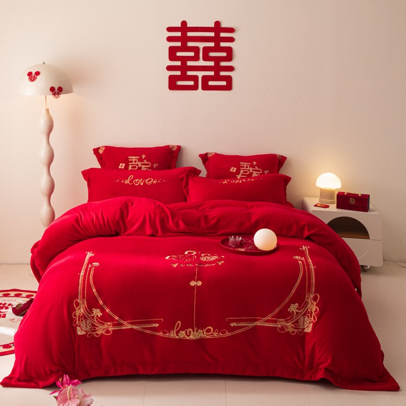 婚庆牛奶绒四件套秋冬加厚珊瑚绒床单被罩K大红色结婚喜被套件 - 图1