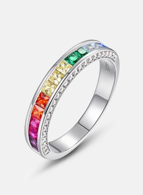 跨境新款夏日清h新彩虹锆石戒指女S925银镶多色彩宝食指戒欧美简
