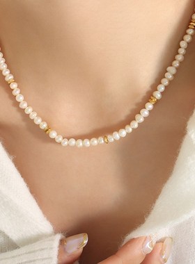法式不规则淡水珍珠拼接钛钢配A饰个性气质项链精致优雅不掉色首