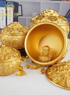 纯铜聚宝盆摆件带盖子成品黄铜缸招财聚财大家用客厅结婚开业礼品