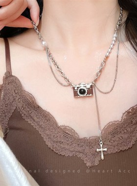 适合夏天戴的相机珍珠项炼 链 女复古甜酷辣妹锁骨链T恤装饰