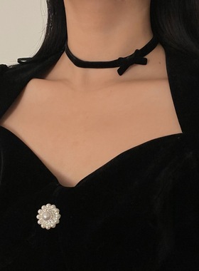 仙气黑色植绒蝴蝶结绑带项链细版无扣丝绒颈链可随意凹造型锁骨链