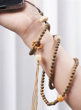 新中式长款挂脖手机挂绳绿檀x木搭菩提猫爪串珠手机链跑环莲花手