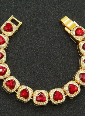 欧美男士夸张满钻桃心q爱心红钻古巴链项链配饰 夜店个性潮流项饰