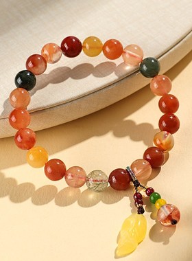 新中式福禄寿串珠水晶手链女文艺复G古原创蜜蜡树叶手串首饰
