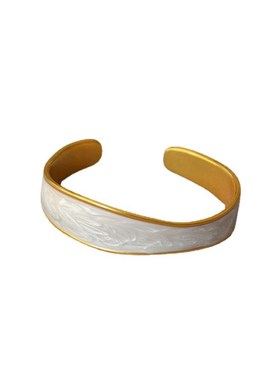 日韩厚重黄铜电镀复古金白色珠光珐D琅开口可调节个性不规则手镯