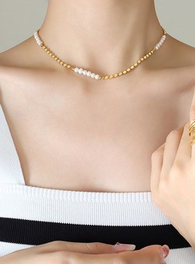 简约时尚欧美gins风气质不掉色铜材质淡水珍珠扁豆拼接项链首饰品