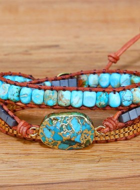 2023欧美外贸k 复古金线松链条手链 男女串珠天然石编织手链