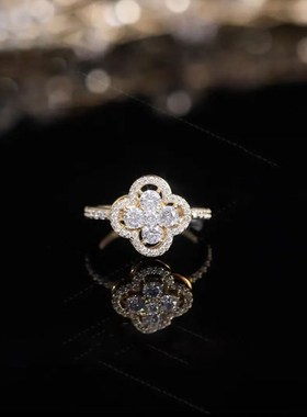 韩版微镶四叶花i锆石花朵可转动女式食指戒指环轻奢小众开口可调