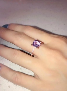 仿天然紫水晶镀Sj925银戒指风公主方钻微镶指环招财招桃花气质时