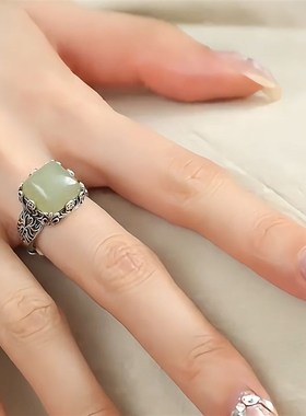 925银铜钱方糖戒指女新中式复古镂F空花纹和田青玉高级感活口指环