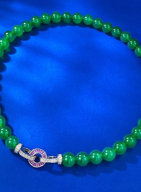 珠宝直播新款S925银镶嵌x10.0mm绿玉髓玛瑙串珠气质时尚项链