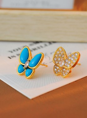 欧美时尚蓝色蝴蝶j项链耳环轻奢精工蝴蝶项链耳环女时尚精致锁骨