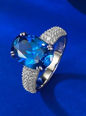 珠宝 新款仿真皇家蓝8*12椭圆E戒指女S925银简约指环订婚指环