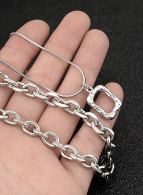 不锈钢项链 g爆款新发小方框吊坠项链 相框粗链叠戴两层锁骨链