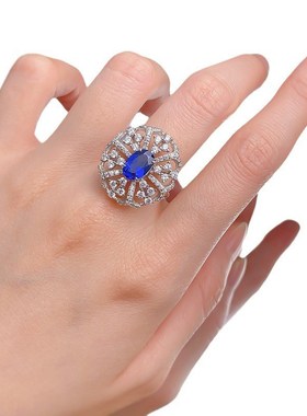 珠宝 新款通体925镶嵌6*皇家蓝巴欧美风轻奢款时Z尚女款戒指