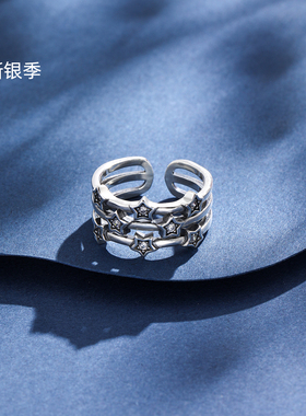 新银季纯银2025新款时尚s925星星戒指女开口可调节银色金属指环