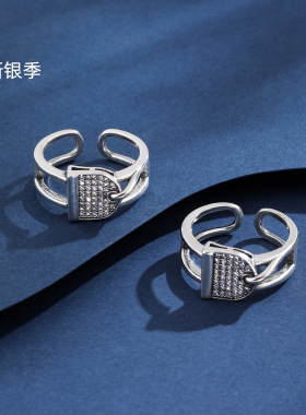 新银季设计师款纯银个性镶钻戒指女开口可调节时尚轻奢指环百搭