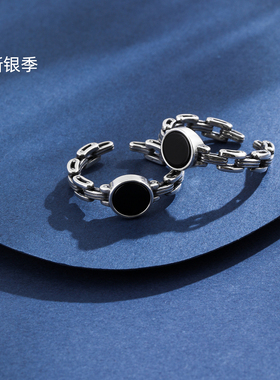 新银季链条造型纯银开口戒指女简约精致黑石装饰个性时尚百搭通勤