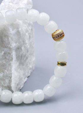 SereniGem谧彩境 18k金和田白玉圆珠手串福气招财款设计款老珠型