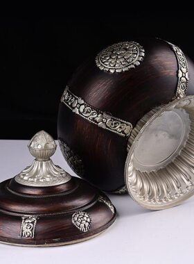 藏式民族风八吉祥糌粑盒新款雕刻古铜色收纳罐藏式用品家用摆件