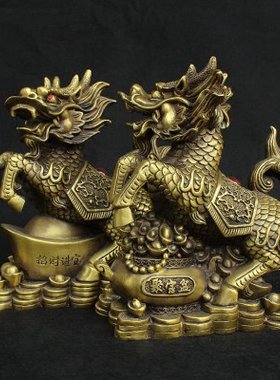 纯铜黄铜财富麒麟摆件家居办公室装饰工艺品摆设