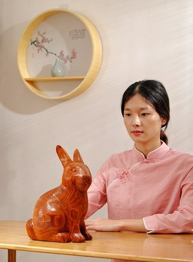 兔子摆件一对家居饰品十r二生肖木雕兔子家居客厅实木质雕刻工艺
