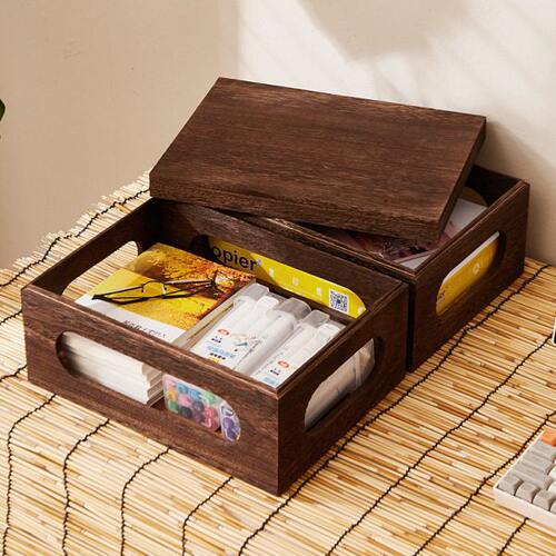 实木木盒桌面带盖储物箱杂物整理收纳盒筐套盒置物架镂空办公CD盒 - 图0