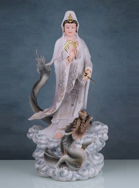 站龙观音汉白玉h彩绘南无观世音菩萨居家供奉南海观音娘娘中式摆
