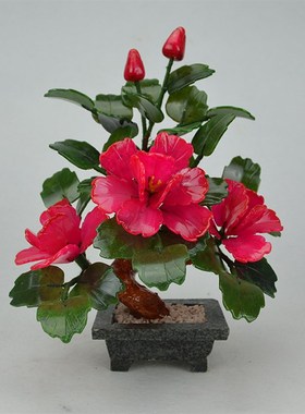 天然玉石盆栽3朵牡丹花装饰花工艺品 家居饰品客厅摆件仿真花创意