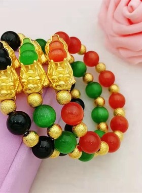黄铜镀金猫眼石葫芦貔貅手链仿黄金首饰手工串珠招财转运男士手环