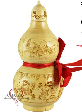 雕刻 开口 桃木葫芦 14cm  招财进宝 桌面 客厅 前台公司商铺摆件