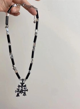 黑色天然竹节新中式玉石项链vintage 小众气质设计十字架饰品颈链