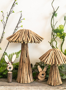 创意实木蘑菇落地摆件庭院造景客厅玄关酒店大堂民宿装饰艺术品