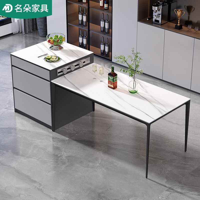 轻奢岩板岛台餐桌一体家用现代厨房多功能插座吧台茶桌餐边柜5E26 - 图1
