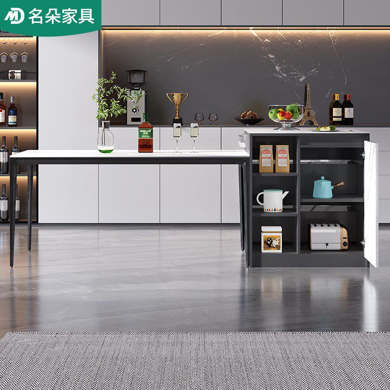 轻奢岩板岛台餐桌一体家用现代厨房多功能插座吧台茶桌餐边柜5E26 - 图3