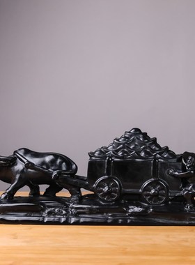 天然黑曜石牛拉财车黑墨玉石牛拉元宝玉石雕刻摆件客厅玄关工艺品